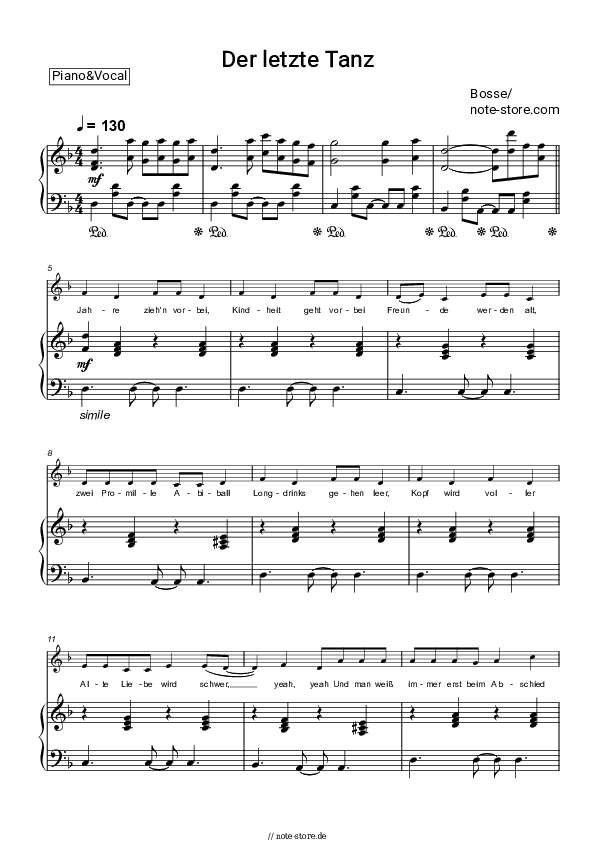 Noten mit Gesang Bosse - Der letzte Tanz - Klavier&Gesang