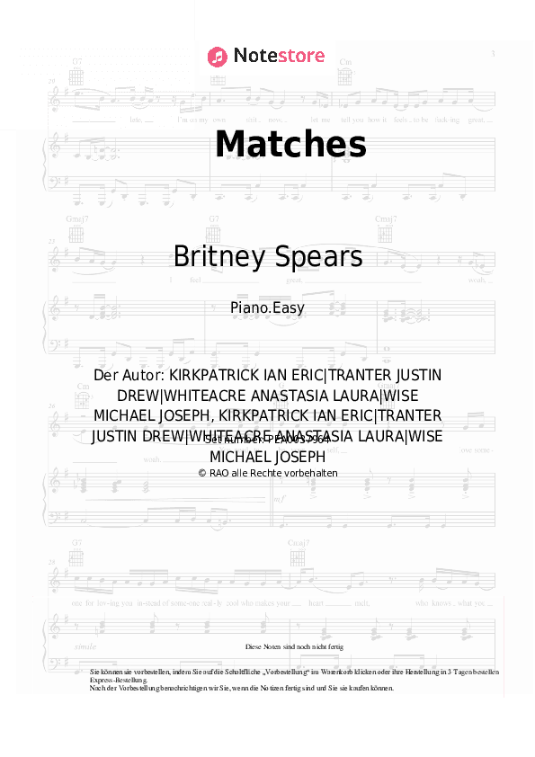 Einfache Noten Britney Spears, Backstreet Boys - Matches - Klavier.Einfach