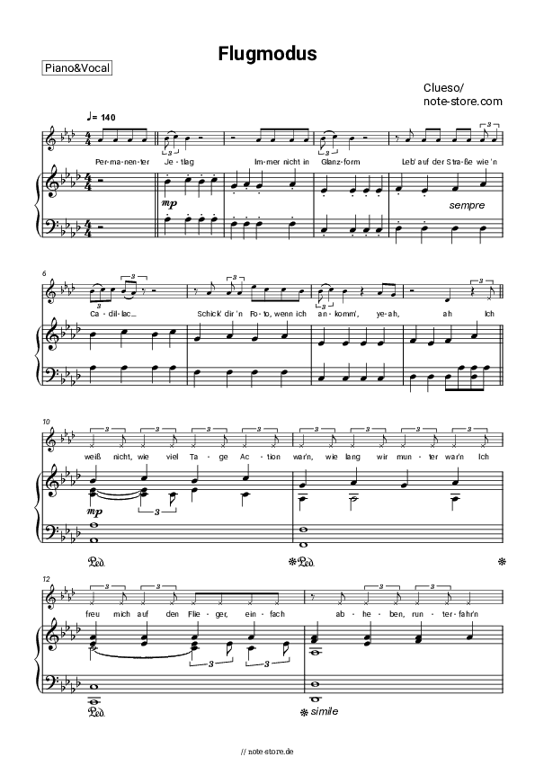Noten mit Gesang Clueso - Flugmodus - Klavier&Gesang