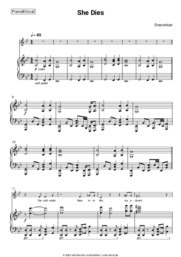 Noten mit Gesang Draconian - She Dies - Klavier&Gesang