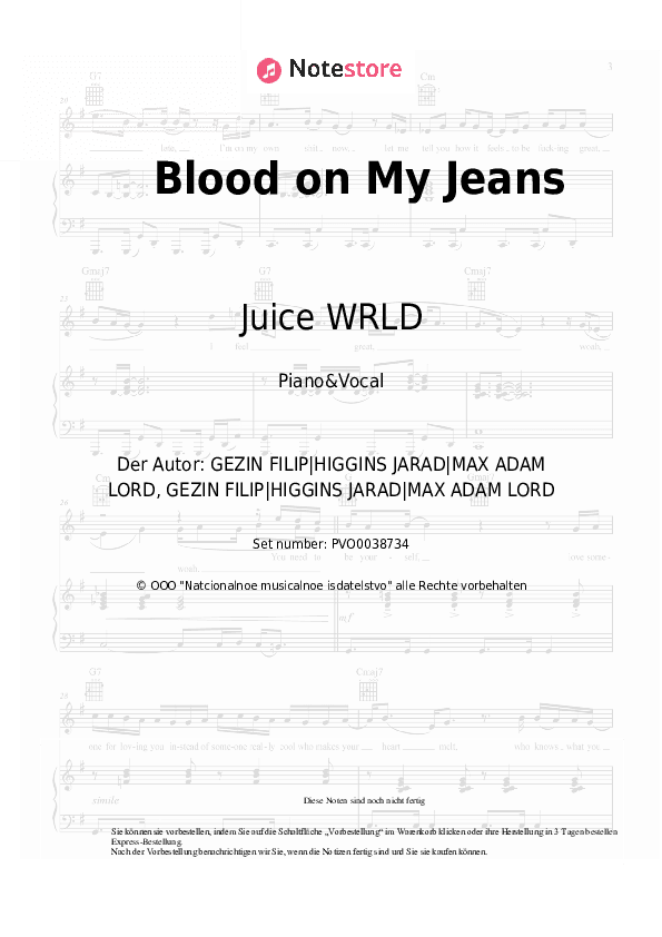 Noten mit Gesang Juice WRLD - Blood on My Jeans - Klavier&Gesang
