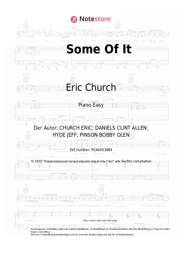 Einfache Noten Eric Church - Some Of It - Klavier.Einfach