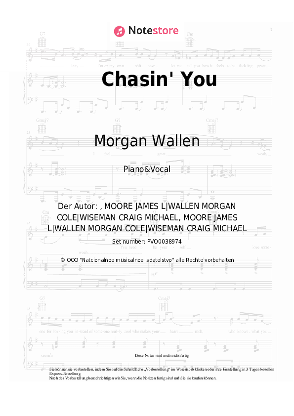 Noten mit Gesang Morgan Wallen - Chasin' You - Klavier&Gesang