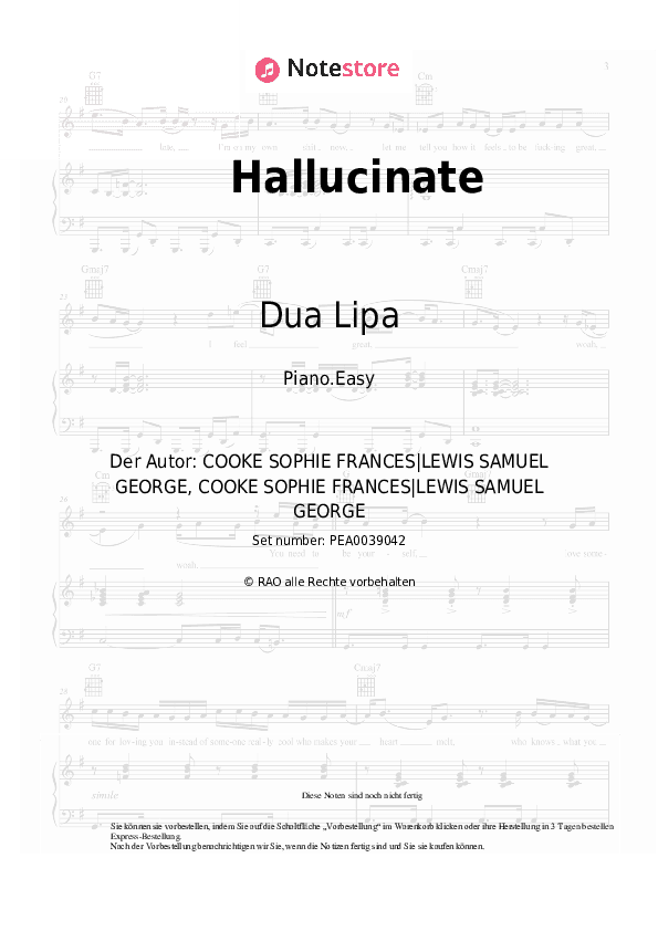 Einfache Noten Dua Lipa - Hallucinate - Klavier.Einfach