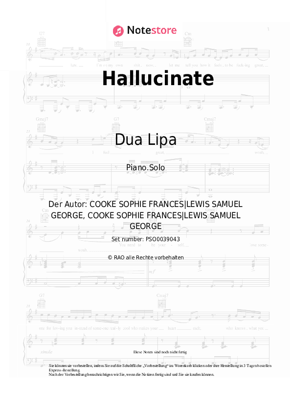 Noten Dua Lipa - Hallucinate - Klavier.Solo