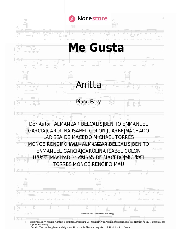 Einfache Noten Anitta, Cardi B, Myke Towers - Me Gusta - Klavier.Einfach