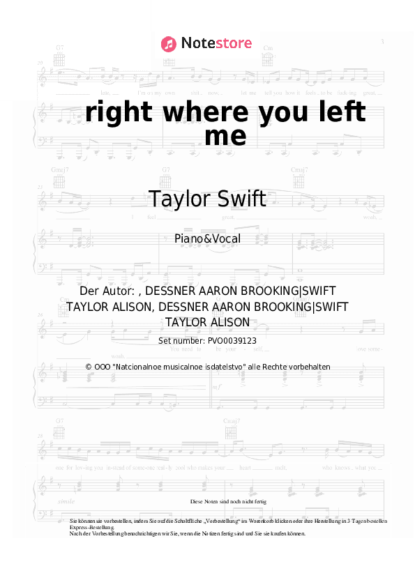 Noten mit Gesang Taylor Swift - right where you left me - Klavier&Gesang