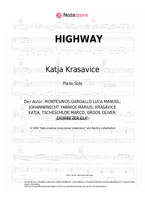 Noten Katja Krasavice, Elif - HIGHWAY - Klavier.Solo
