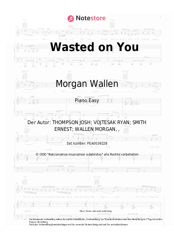Einfache Noten Morgan Wallen - Wasted on You - Klavier.Einfach