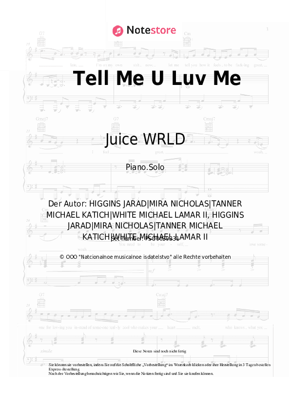 Noten Juice WRLD, Trippie Redd - Tell Me U Luv Me - Klavier.Solo