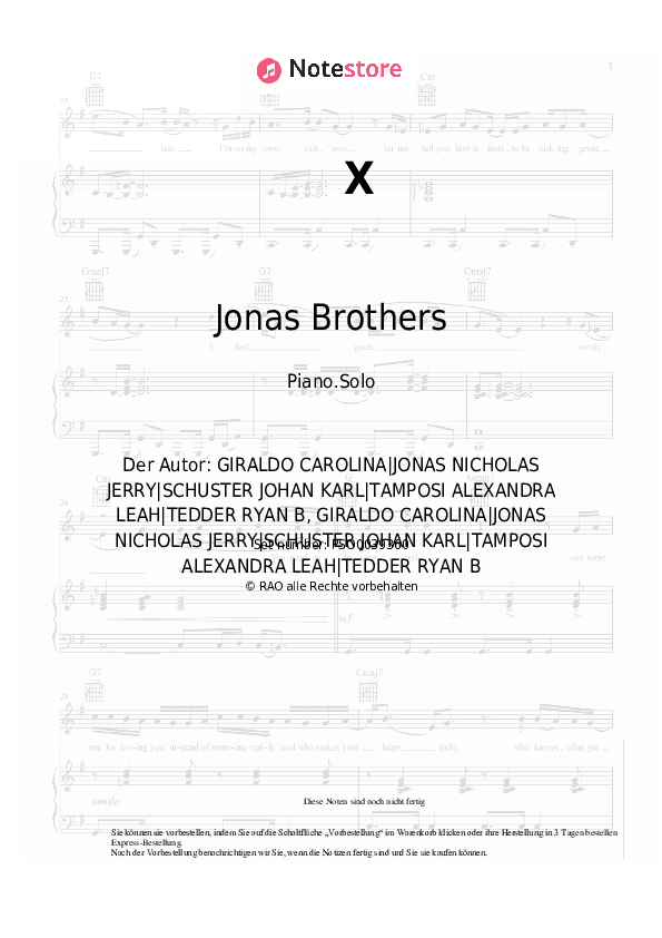 Noten Jonas Brothers, Karol G - X - Klavier.Solo