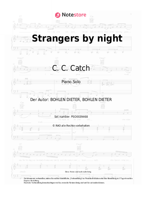 Noten C. C. Catch - Strangers by night - Klavier.Solo