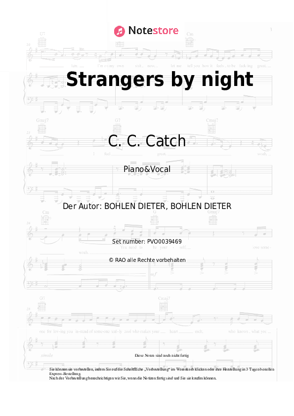 Noten mit Gesang C. C. Catch - Strangers by night - Klavier&Gesang