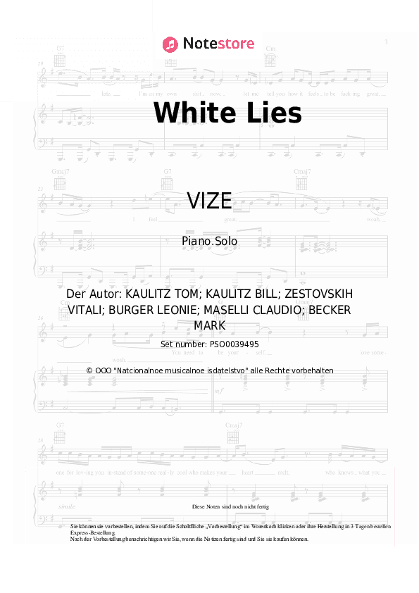 Noten VIZE, Tokio Hotel - White Lies - Klavier.Solo