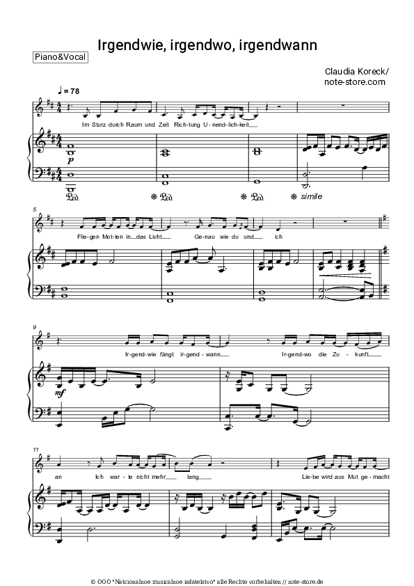 Noten mit Gesang Claudia Koreck - Irgendwie, irgendwo, irgendwann - Klavier&Gesang