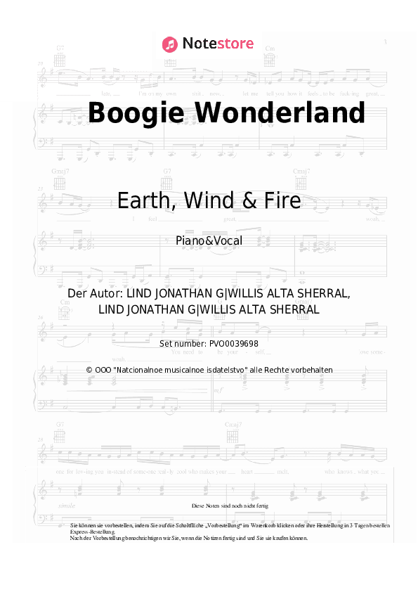 Noten mit Gesang Earth, Wind & Fire - Boogie Wonderland - Klavier&Gesang