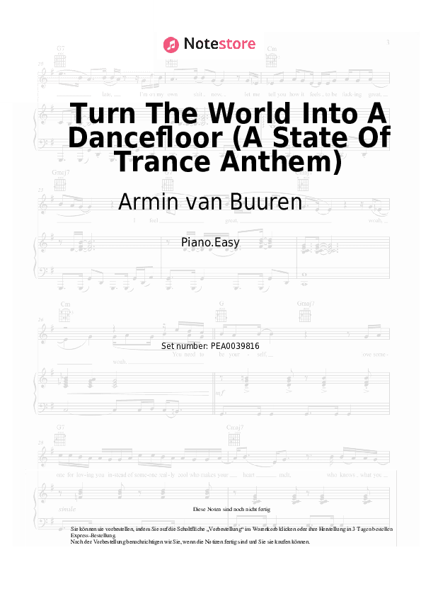 Einfache Noten Armin van Buuren - Turn The World Into A Dancefloor (A State Of Trance Anthem) - Klavier.Einfach