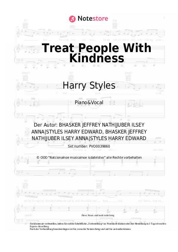 Noten mit Gesang Harry Styles - Treat People With Kindness - Klavier&Gesang