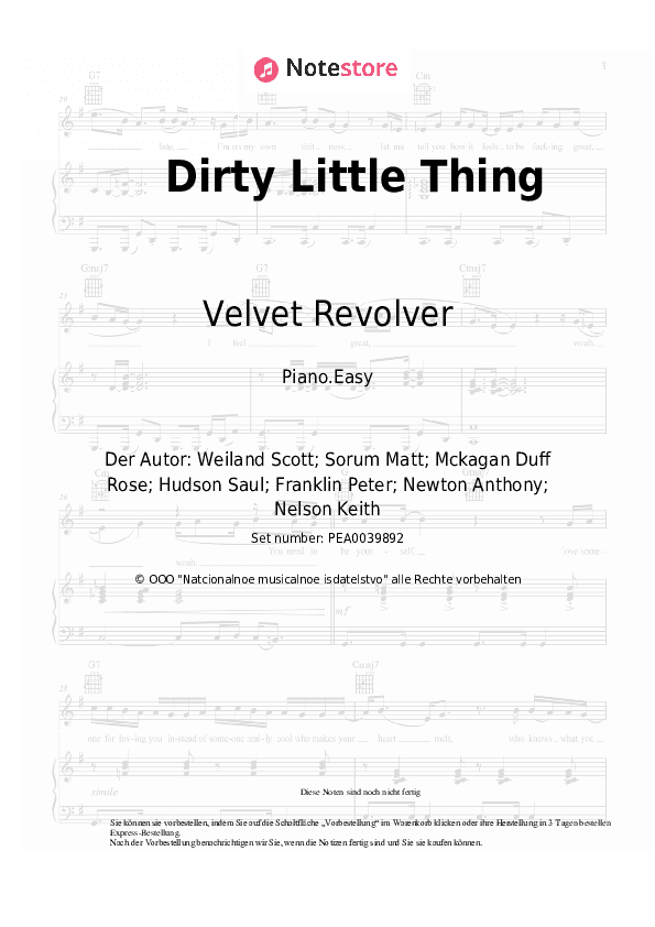 Einfache Noten Velvet Revolver - Dirty Little Thing - Klavier.Einfach