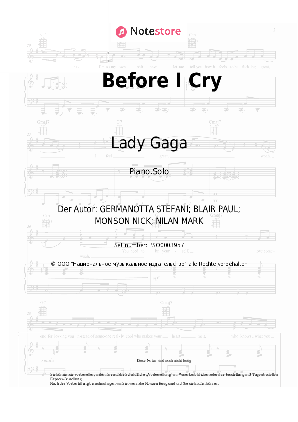 Noten Lady Gaga - Before I Cry - Klavier.Solo