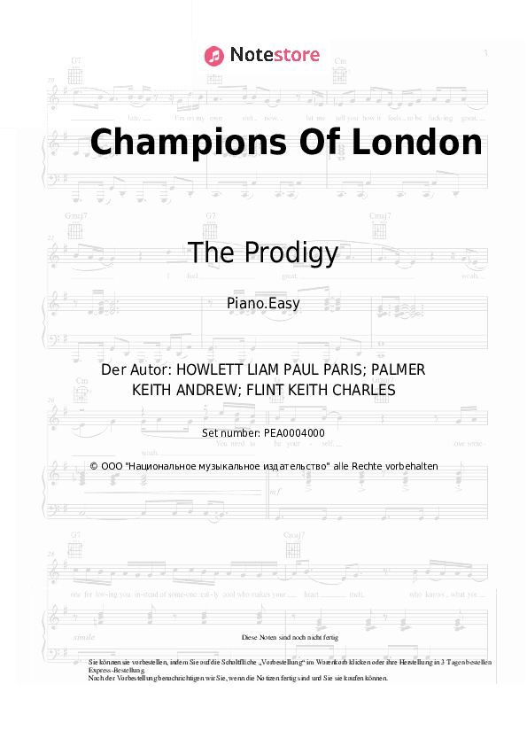 Einfache Noten The Prodigy - Champions Of London - Klavier.Einfach