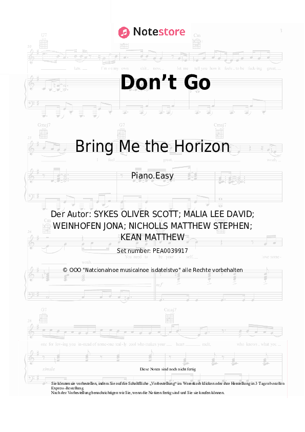 Einfache Noten Bring Me the Horizon, Lights - Don’t Go - Klavier.Einfach