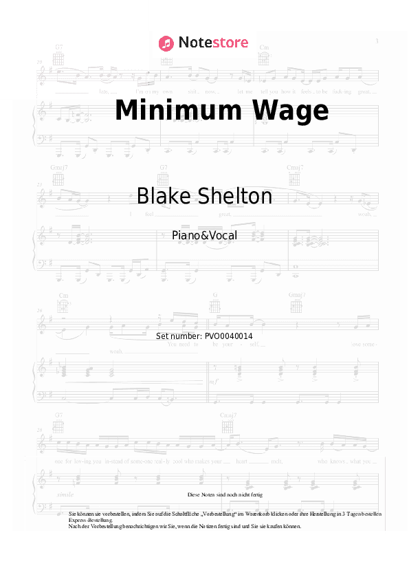 Noten mit Gesang Blake Shelton - Minimum Wage - Klavier&Gesang