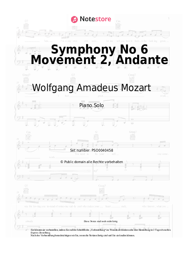 Noten Wolfgang Amadeus Mozart - Symphony No 6 Movement 2, Andante - Klavier.Solo