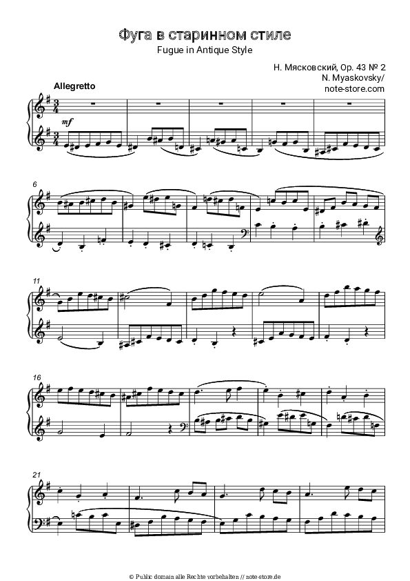 Noten Nikolai Myaskovsky - Fugue in Antique Style, Op. 43 № 2 - Klavier.Solo