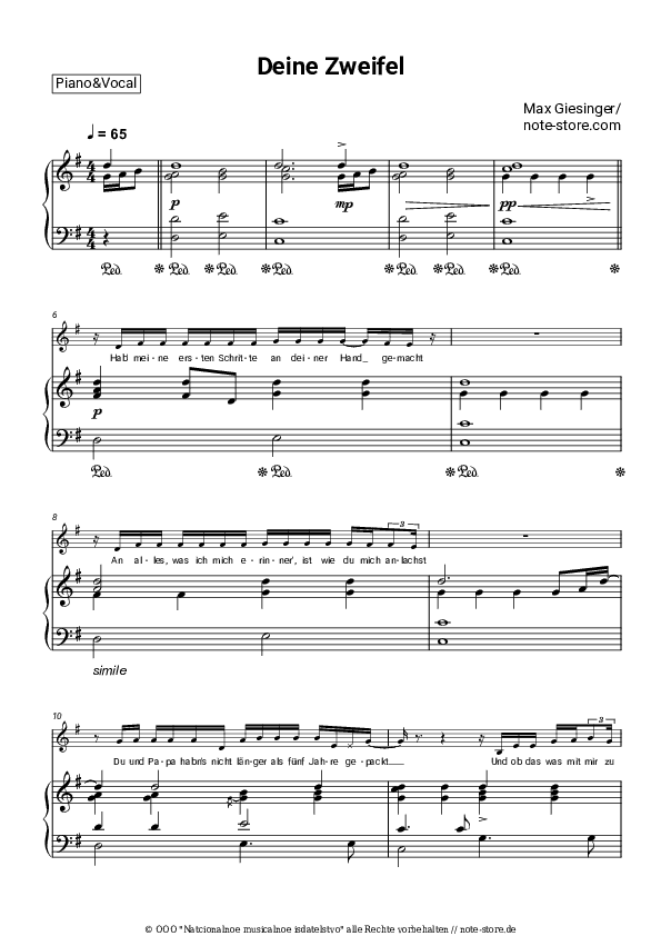 Noten mit Gesang Max Giesinger - Deine Zweifel - Klavier&Gesang