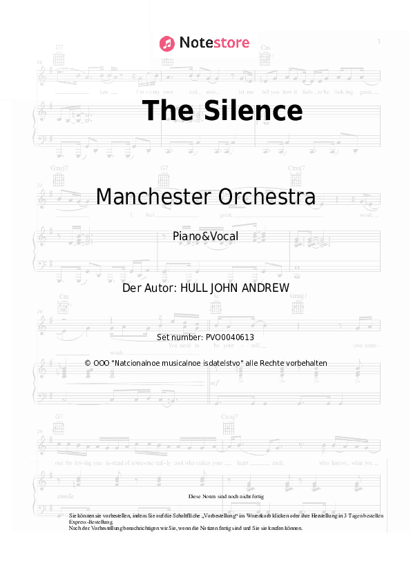 Noten mit Gesang Manchester Orchestra - The Silence - Klavier&Gesang