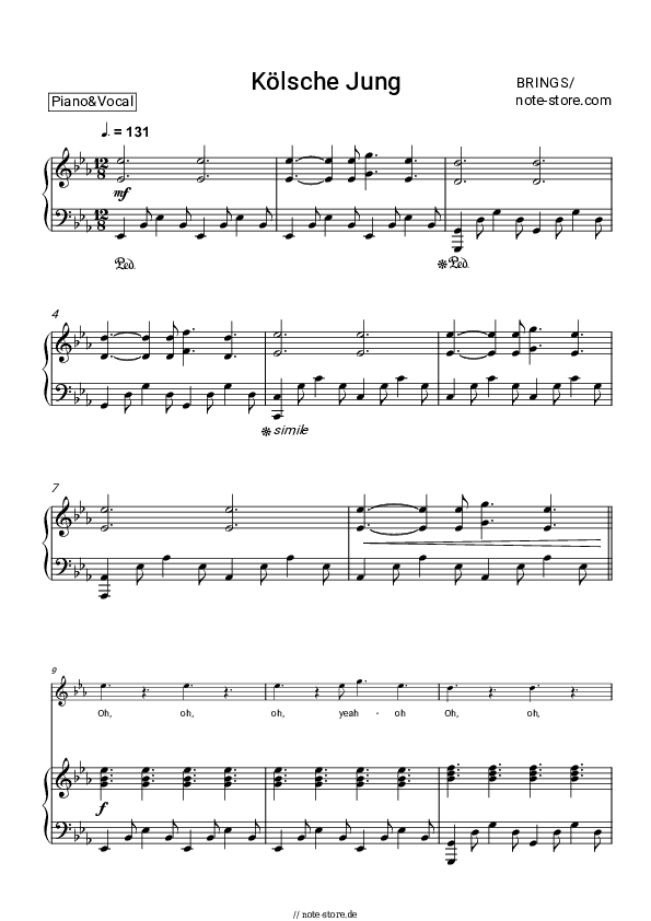 Noten mit Gesang Brings - Kölsche Jung - Klavier&Gesang