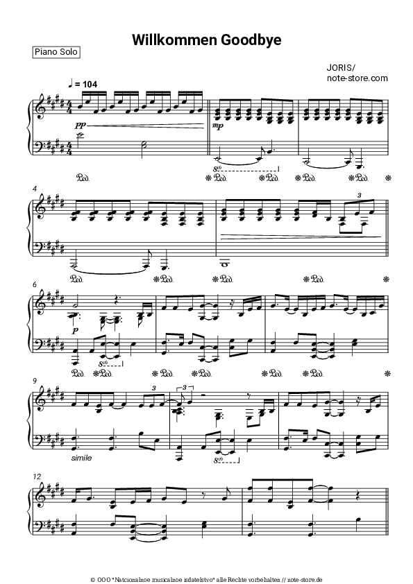 Noten JORIS - Willkommen Goodbye - Klavier.Solo