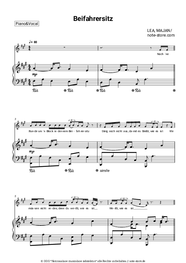 Noten mit Gesang LEA, Majan - Beifahrersitz - Klavier&Gesang