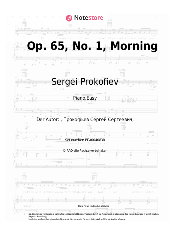 Einfache Noten Sergei Prokofiev - Op. 65, No. 1, Morning - Klavier.Einfach