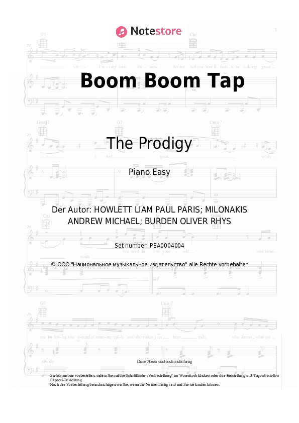 Einfache Noten The Prodigy - Boom Boom Tap - Klavier.Einfach
