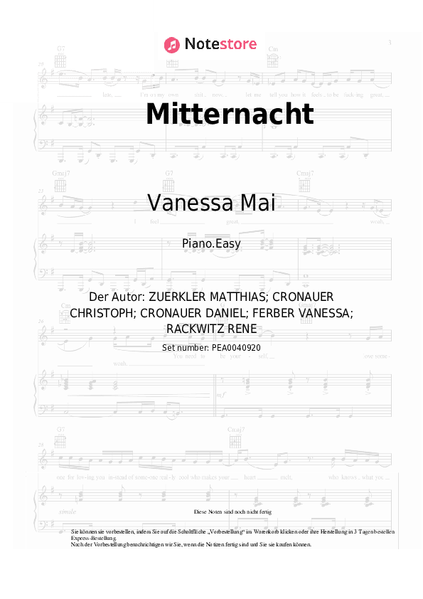 Einfache Noten Vanessa Mai, Fourty - Mitternacht - Klavier.Einfach