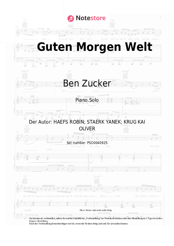 Noten Ben Zucker - Guten Morgen Welt - Klavier.Solo