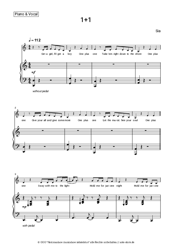 Noten mit Gesang Sia - 1+1 - Klavier&Gesang