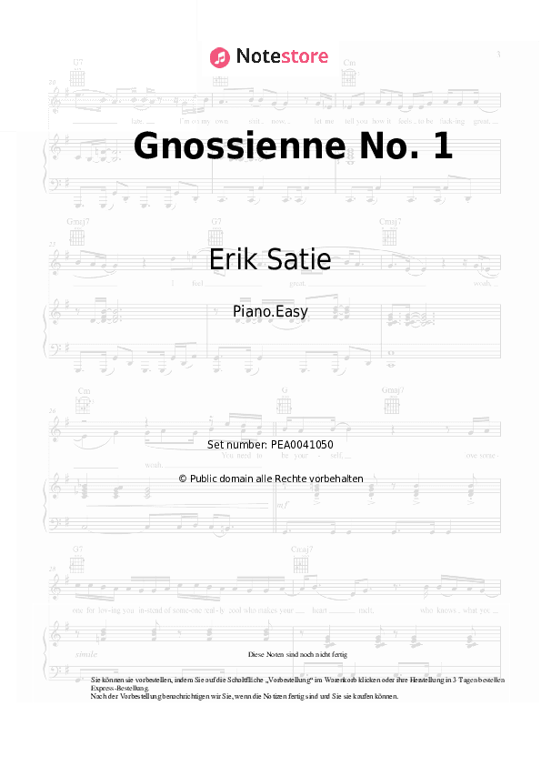 Einfache Noten Erik Satie - Gnossienne No.1 Lent - Klavier.Einfach