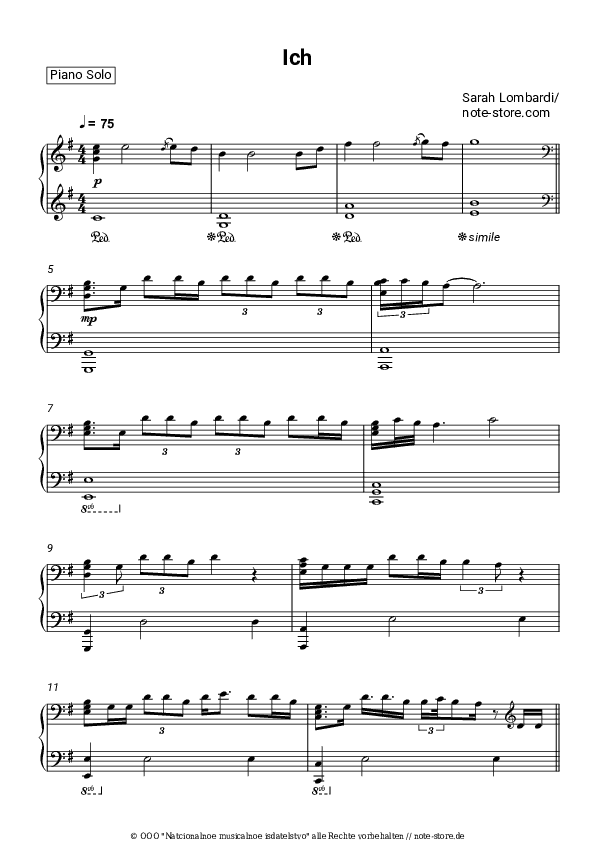 Noten Sarah Lombardi - Ich - Klavier.Solo
