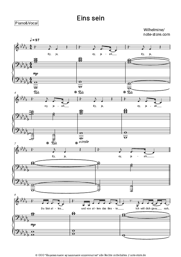 Noten mit Gesang Wilhelmine - Eins sein - Klavier&Gesang