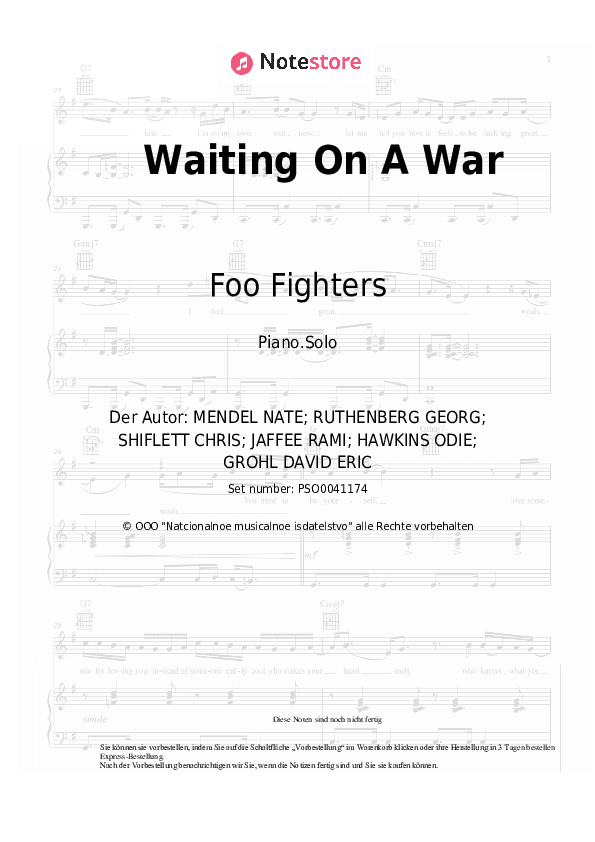 Noten Foo Fighters - Waiting On A War - Klavier.Solo
