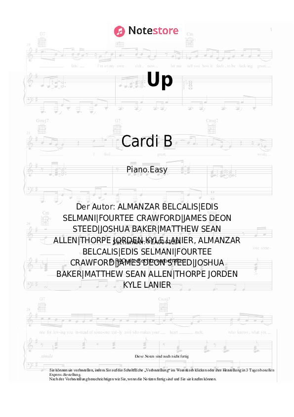 Einfache Noten Cardi B - Up - Klavier.Einfach