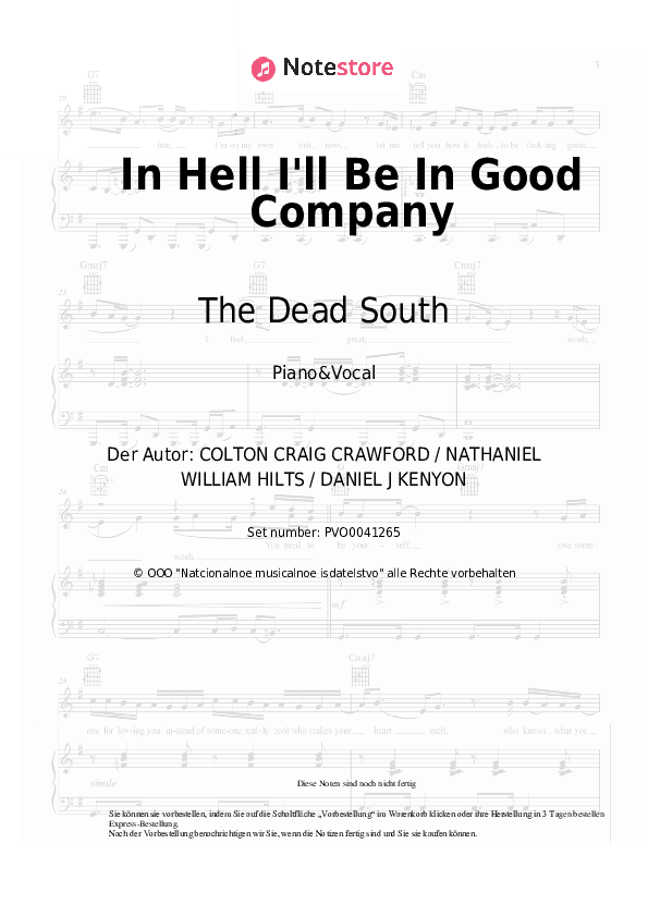 Noten mit Gesang The Dead South - In Hell I'll Be In Good Company - Klavier&Gesang