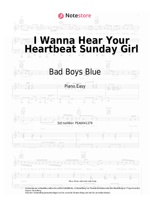 Einfache Noten Bad Boys Blue - I Wanna Hear Your Heartbeat Sunday Girl - Klavier.Einfach