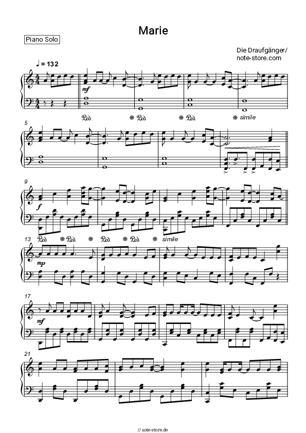 Noten Die Draufgänger - Marie - Klavier.Solo