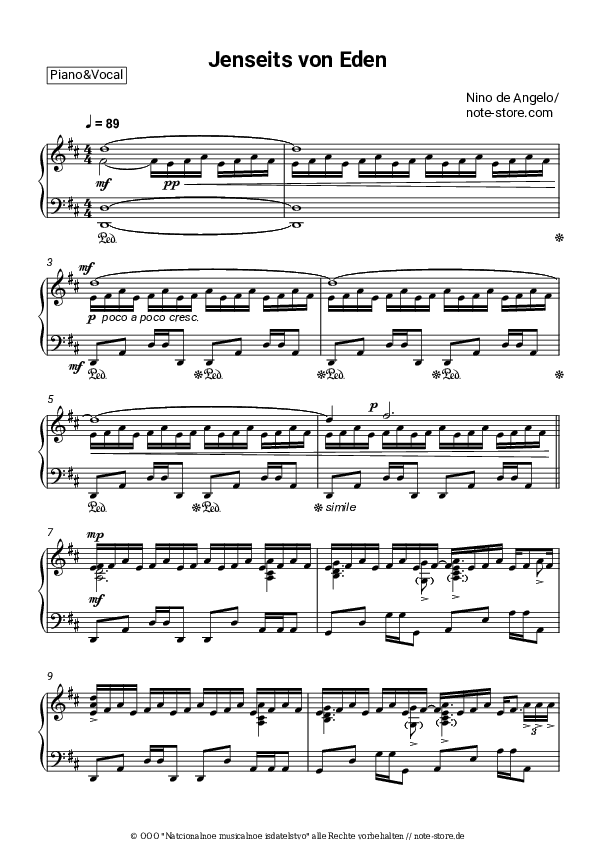 Noten mit Gesang Nino de Angelo - Jenseits von Eden - Klavier&Gesang