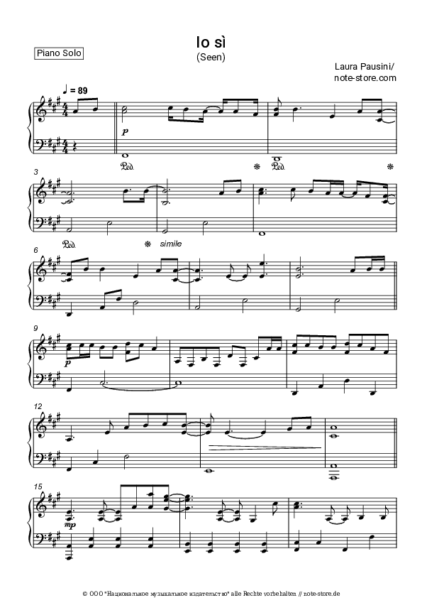 Noten Laura Pausini - Io si (Seen) - Klavier.Solo