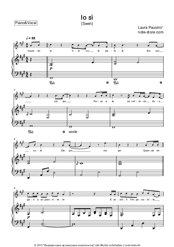 Noten mit Gesang Laura Pausini - Io si (Seen) - Klavier&Gesang